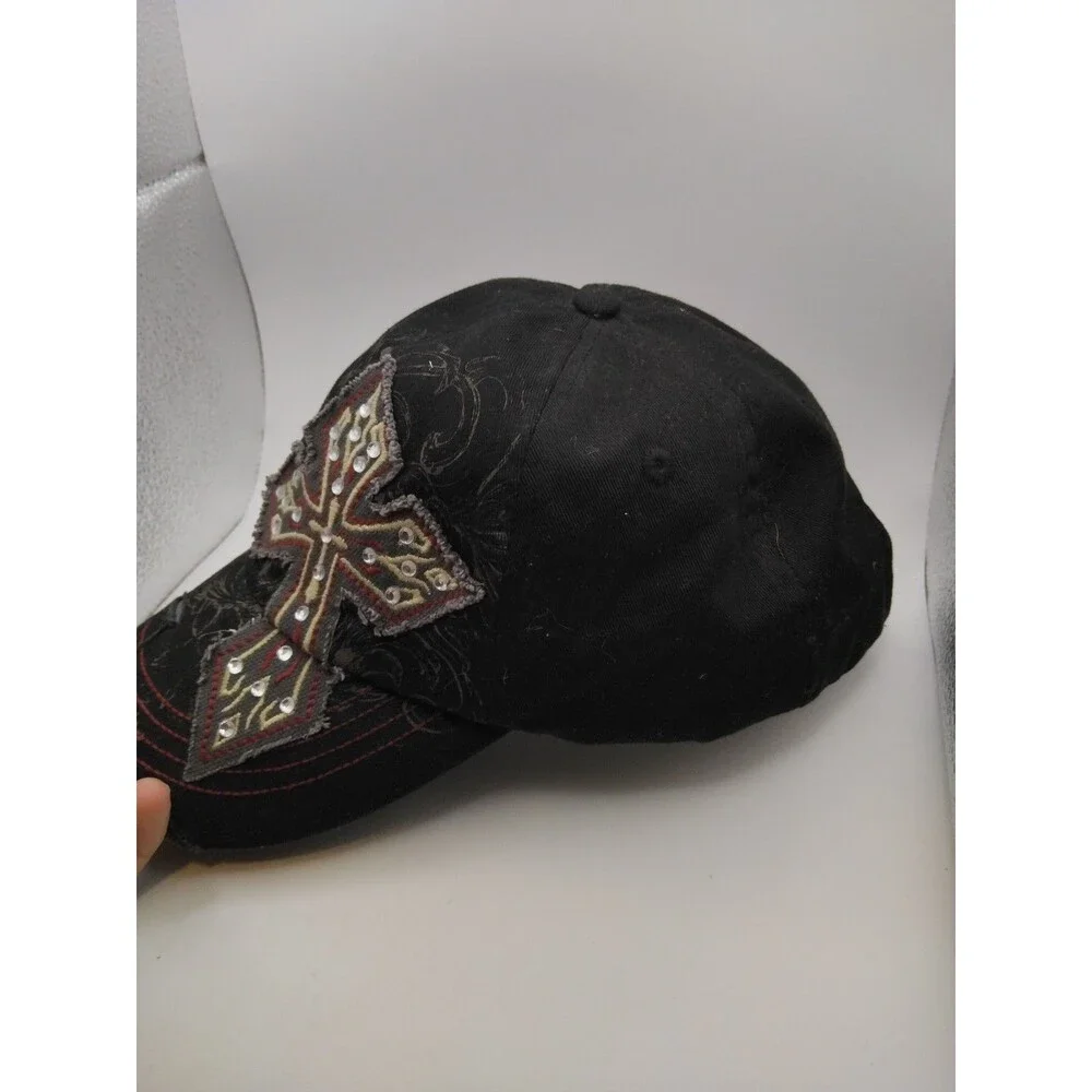 KBETHOS Y2K Rhinestone Embroidered Hat Black/Grey/Red Distressed Cap Vintage
